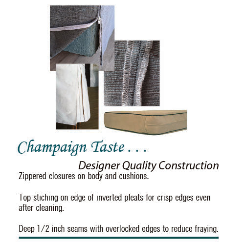 Custom made furniture slipcovers with quality construction features - zippered closures on body and cushions, top-stitched on pleat edges and deep seams with overlocked edges.